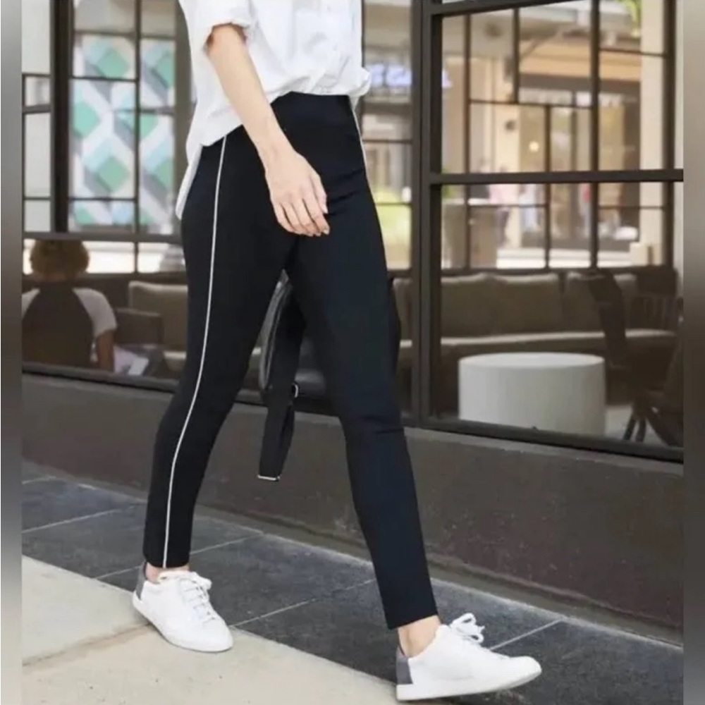 SPANX Navy Ankle Crop Pants with White Side Stripe